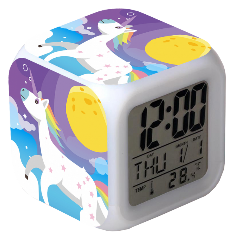 LASER Kids Alarm Clock Unicorn Printed LED Glow Cube ALC-KLEDUN-WH