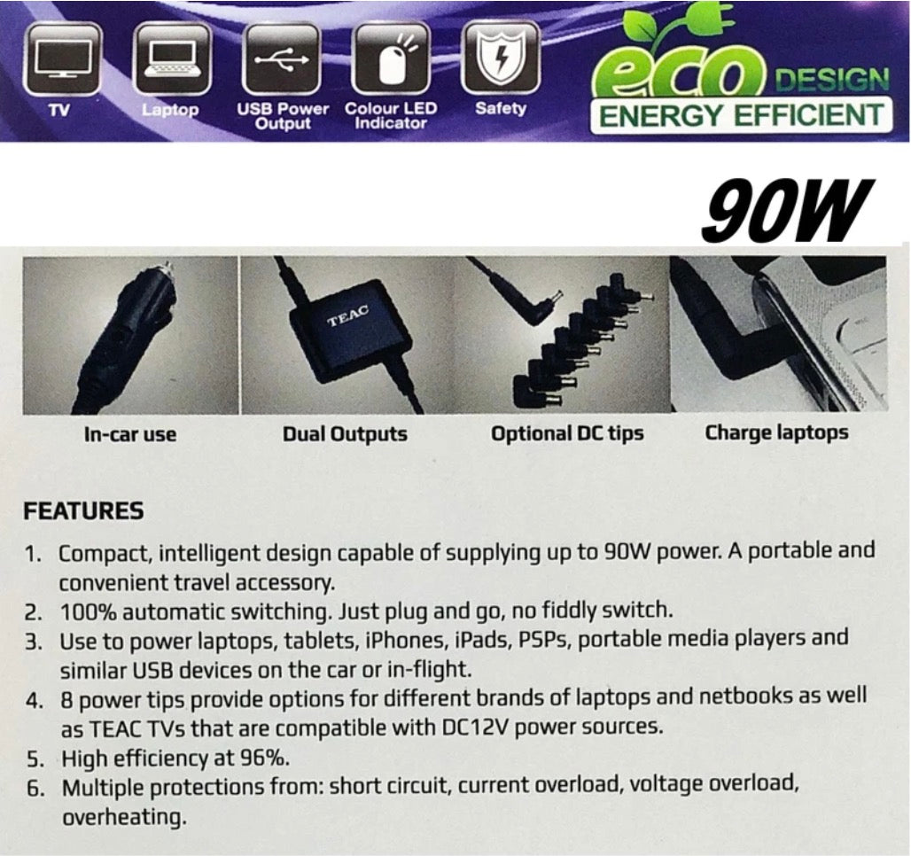 Universal Laptop 12v DC 90w Charger Adapter Auto Voltage Switch 15v - 19.5v MCA62