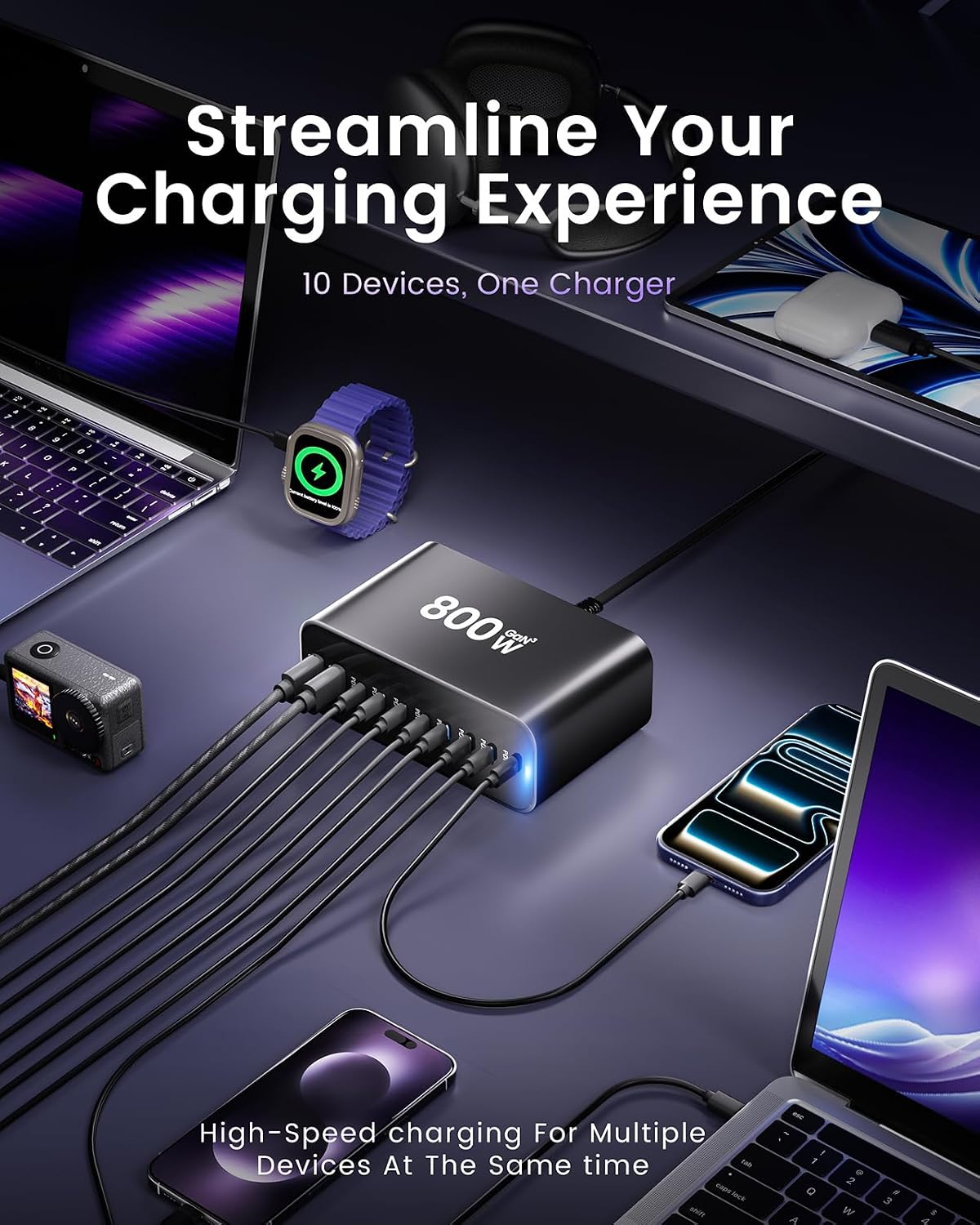 Mains Charging Station 800w 8x USB C, 2xUSB A GaN Fast X001BWE4K3
