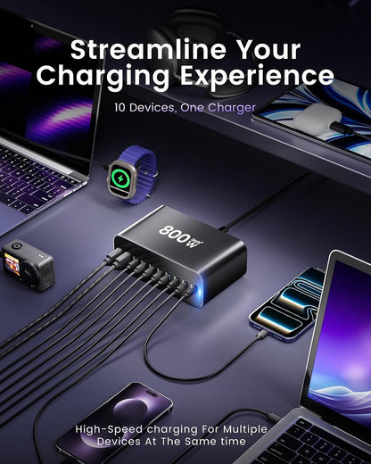 Mains Charging Station 800w 8x USB C, 2xUSB A GaN Fast X001BWE4K3