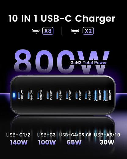 Mains Charging Station 800w 8x USB C, 2xUSB A GaN Fast X001BWE4K3