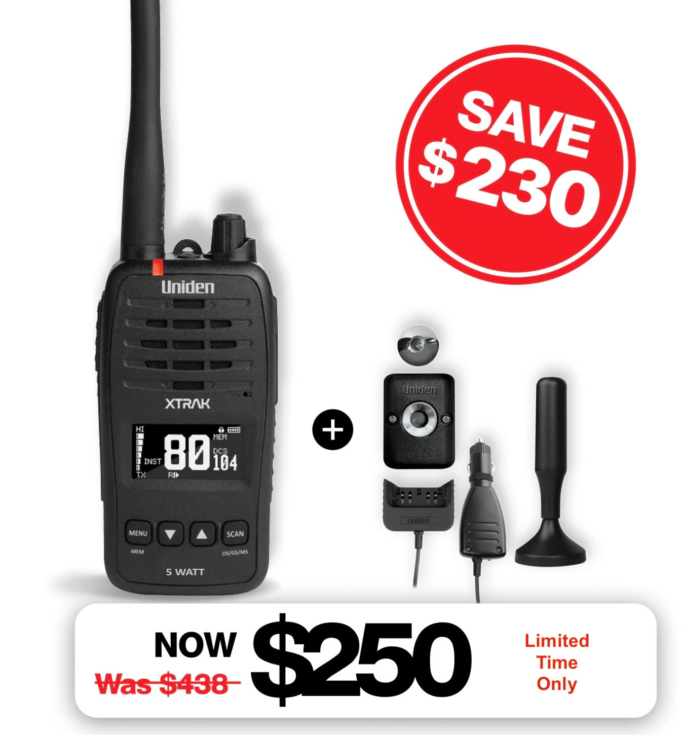 Uniden UHF 5W XTRAK 50 Pro Hand Held UHF Radio + Carkit (ACCX50) XTRAK50PRO+CK
