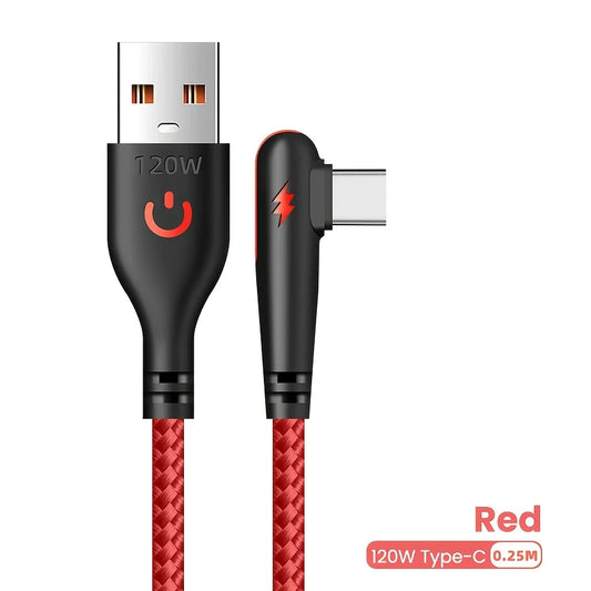 USB-C 90deg To USB-A 90deg Braided Cable 120w Charging Red 25cm CR1444743/R.25