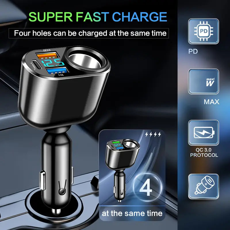 Cig Lighter 2 Usb A, 1 Usb C 1x Car Charger With Qc3.0 Volt Meter WU77284