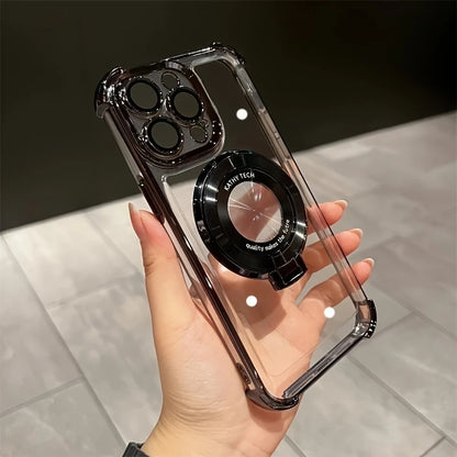 iPhone 16 Case Wireless Charging Magnetic Ring Bracket, Bumper, Lens Protector Clear & Black - BW30198816BK