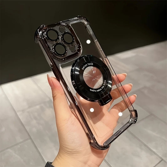 iPhone 16 Case Wireless Charging Magnetic Ring Bracket, Bumper, Lens Protector Clear & Black - BW30198816BK