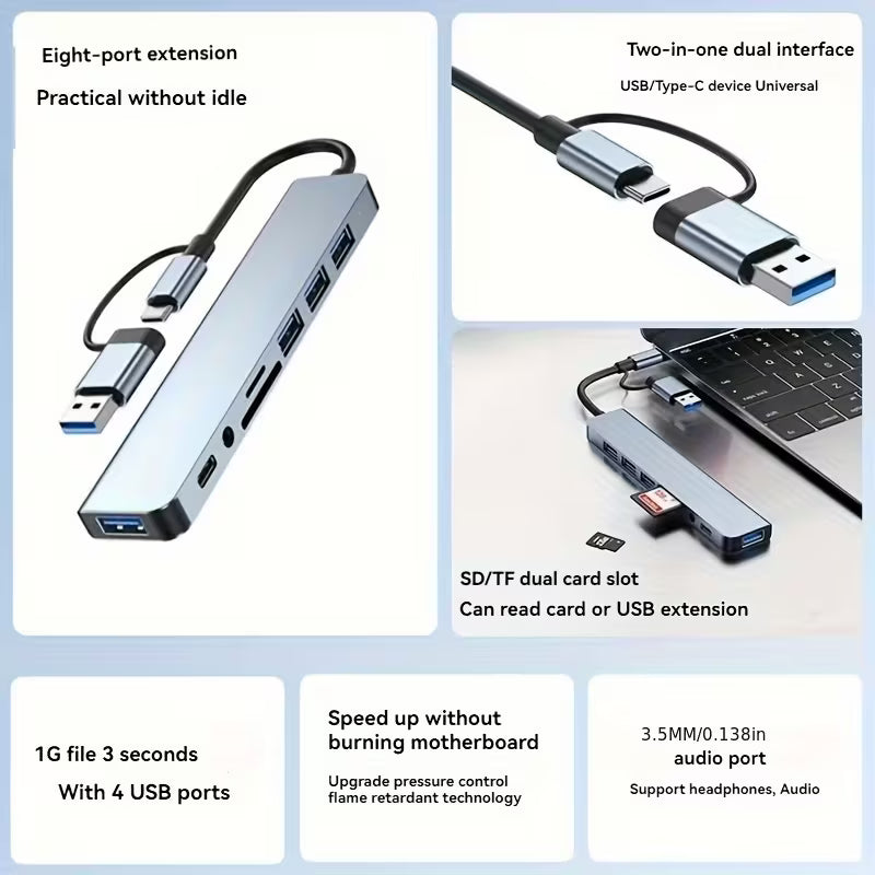 Usb A/C To 8-in-1 Hub Usb 2&3& C Data Card Reader 3.5mm QR869488