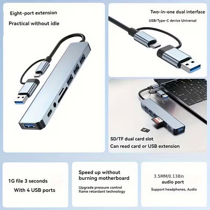 Usb A/C To 8-in-1 Hub Usb 2&3& C Data Card Reader 3.5mm QR869488