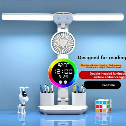 Desk Lamp LED With Fan, Round Clock, Date, Storage, temperature, Adjustable Dual Light, Touch Switch, White EX528325