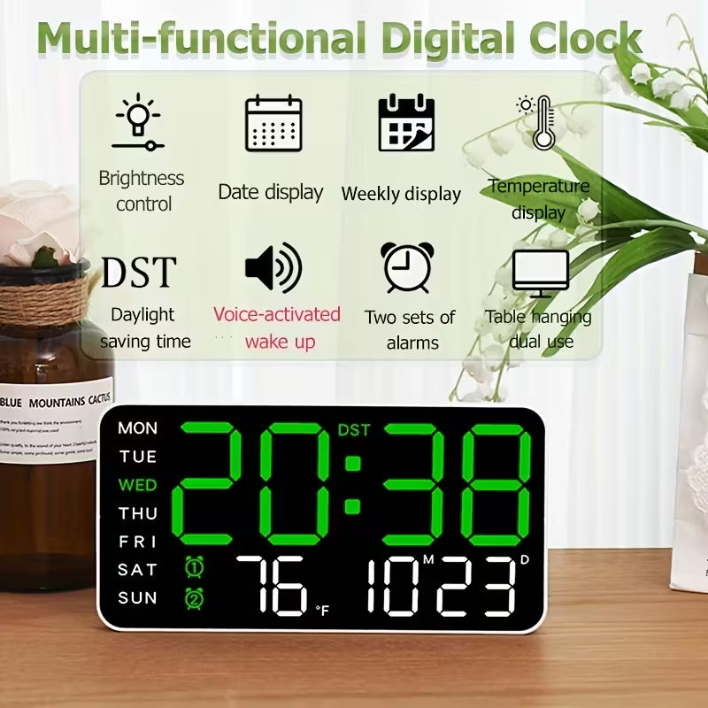 Clock Led 6659 Blue Digital, Dual Alarm, Calendar, Weekdays, Temperature, Voice Activated White Case KB261317/WBL