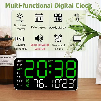 Clock Led 6659 Blue Digital, Dual Alarm, Calendar, Weekdays, Temperature, Voice Activated White Case KB261317/WBL