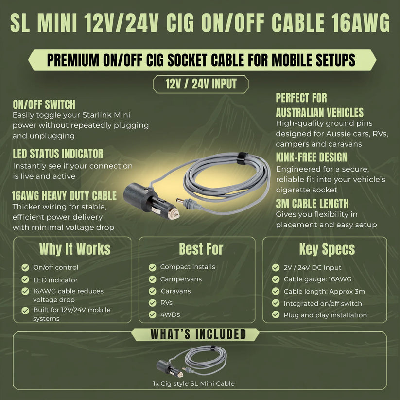 Treklo Starlink Mini 12/24v Gigarette Plug On/off Switch 3m SL-PREM-CIG-3M-1