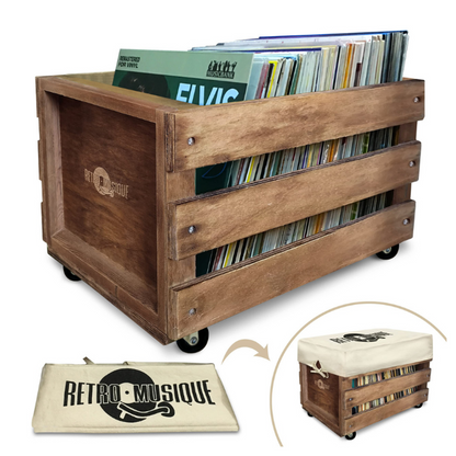 Retro Musique - Wooden Vinyl Record Storage Crate With Canvas Dustcover (Brown) KXRM25