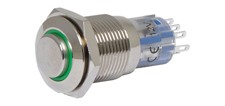 DPDT Momentary LED Green Solder Tail Pushbutton Switch