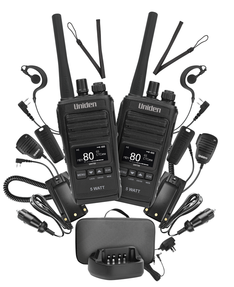 Uniden 5 Watt UHF CB Splashproof Handheld Radio Deluxe Pack UH755-2DLX